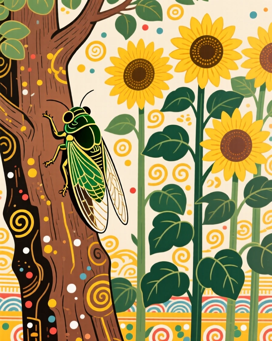 A cicada on a tree trunk flitting between rows of sunflowers.