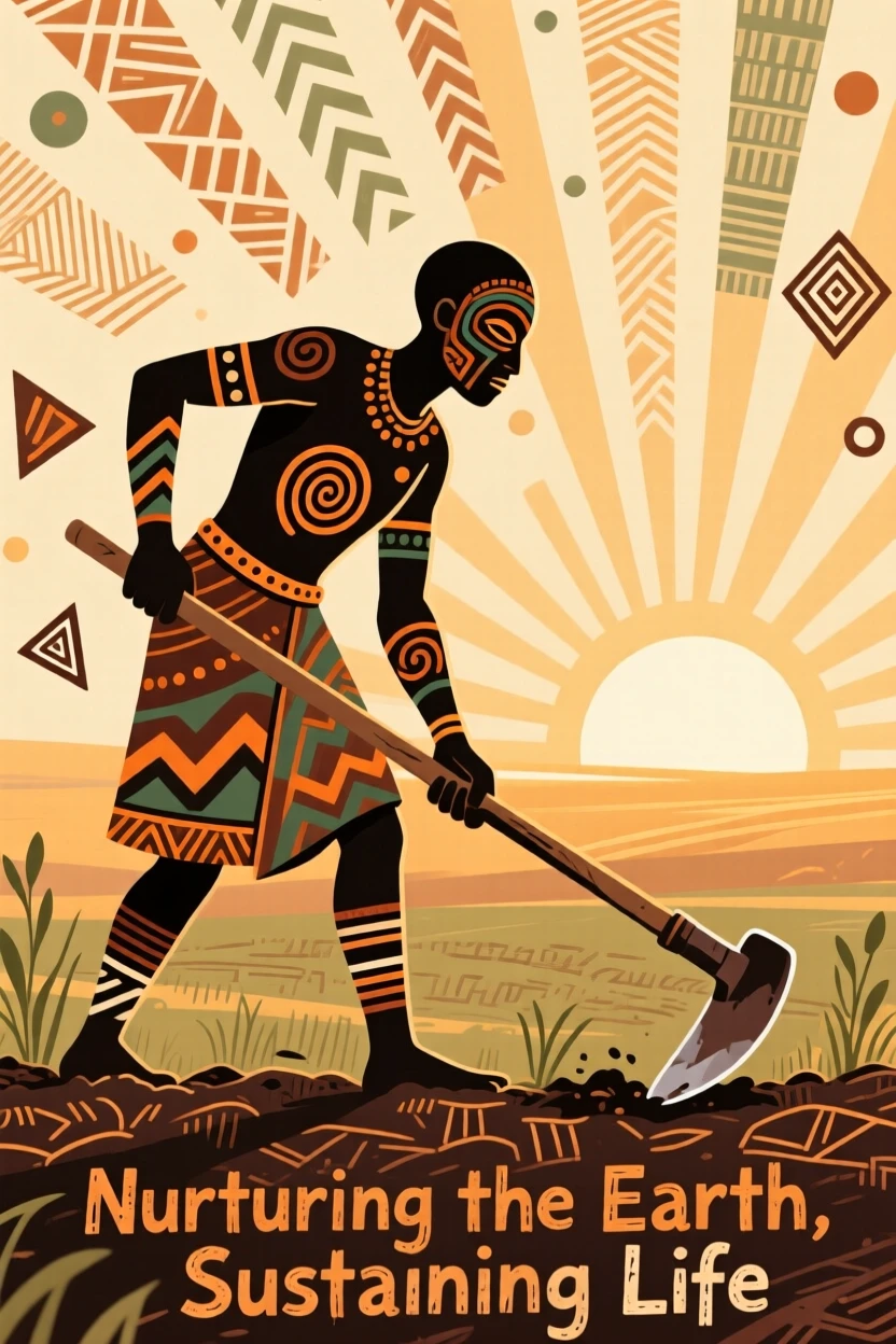 A farmer tilling a field with a hand-hoe at sunrise.