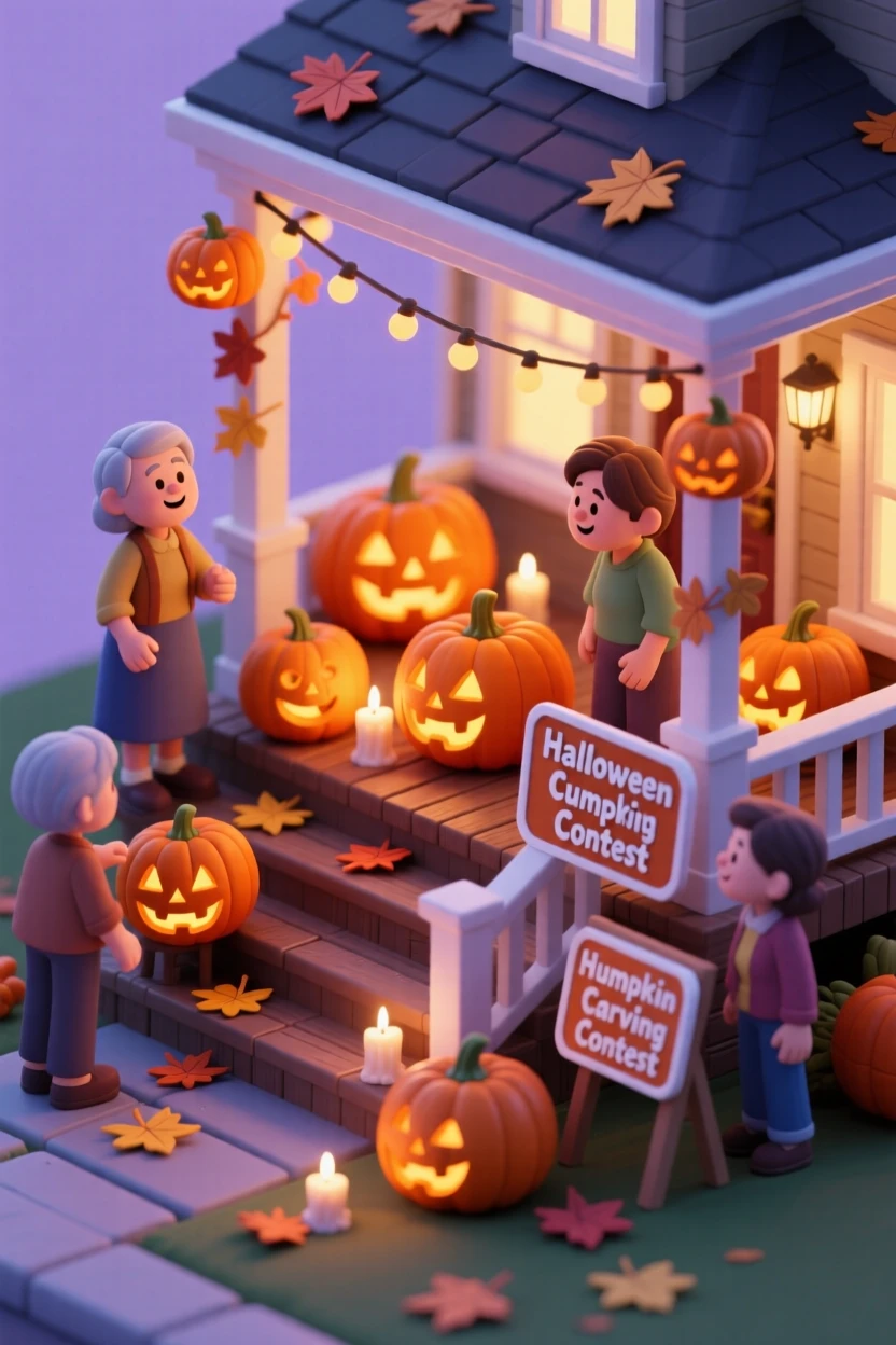 A Halloween pumpkin carving contest on a porch, intricate faces glowing from candlelight as neighbors admire the designs.