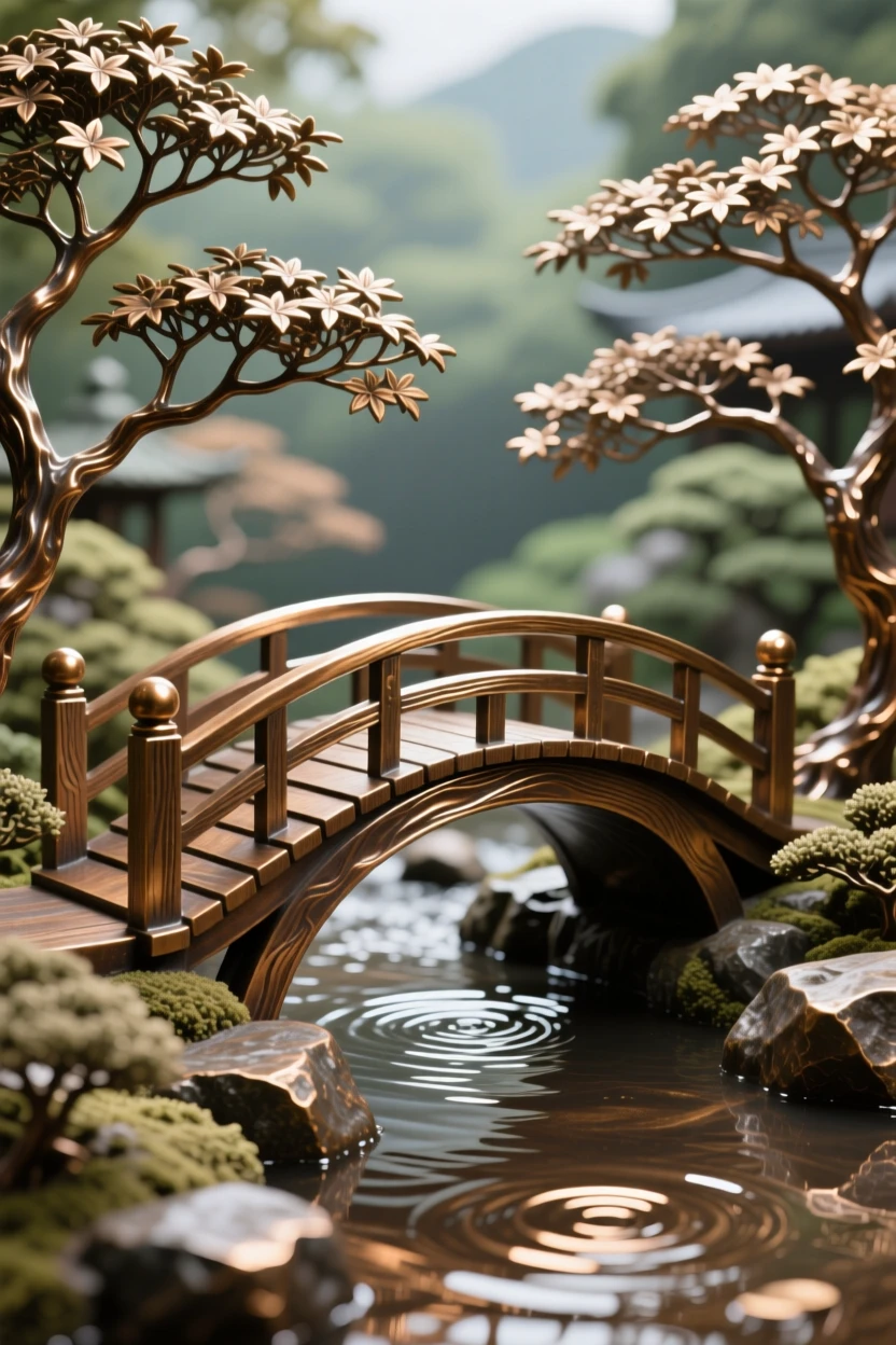 A serene japanese garden with a curved wooden bridge, with a serene, contemplative atmosphere, offering a breathtaking sense of place