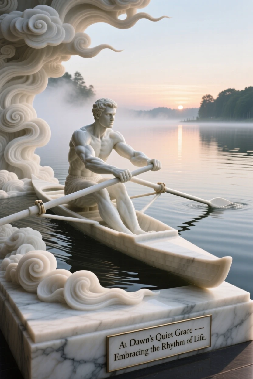A vivid, emotionally rich scene of a rower gliding across a still lake at dawn, amid swirling clouds and mist, designed to captivate and inspire