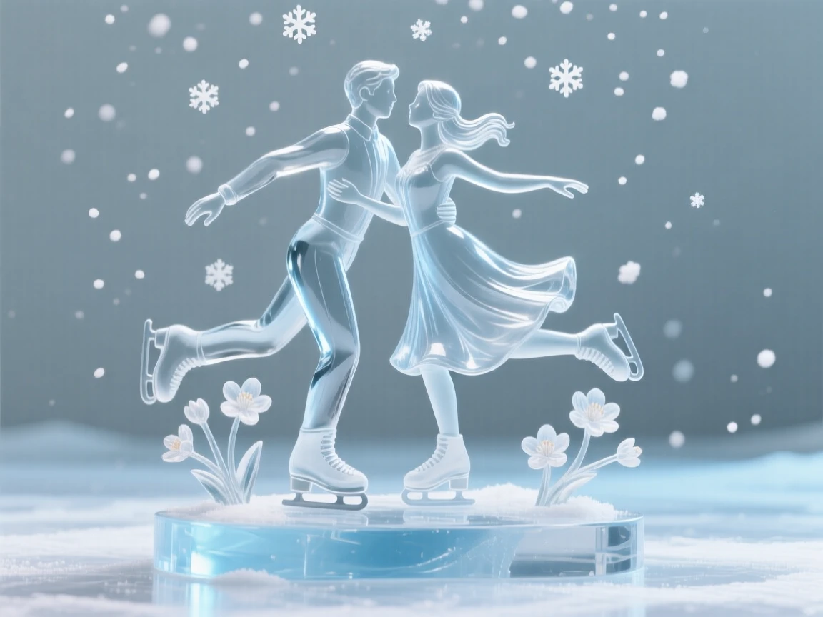 A couple ice skating together beneath falling snow as the first blossoms of spring begin to open, while children's laughter rings out across the yard
