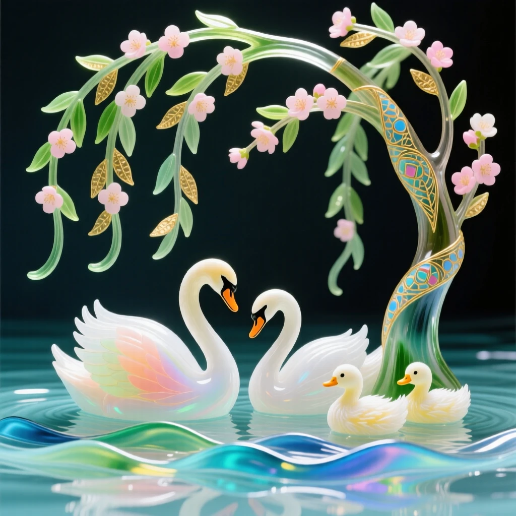 A pair of swans and cygnets swimming together beneath a blossoming willow tree, tender and idyllic.