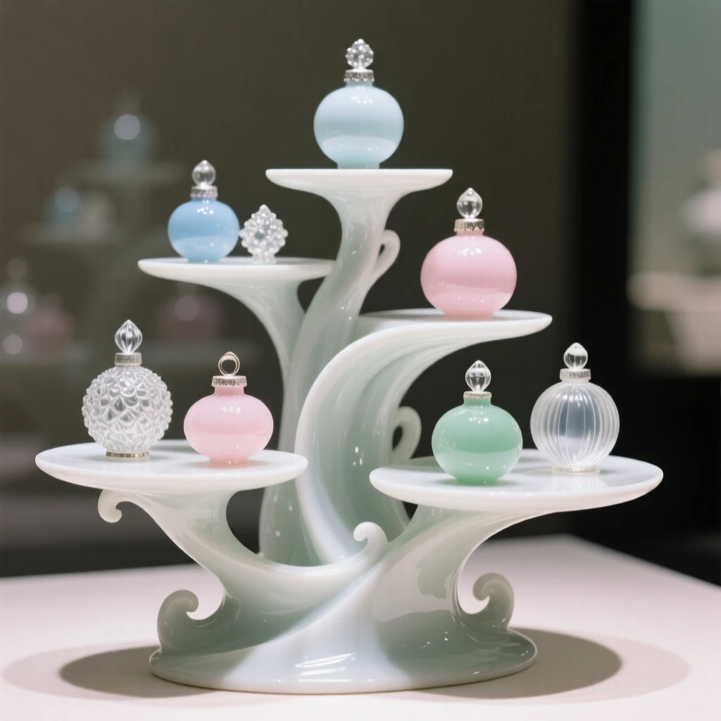A collection of glass ornaments arranged on tiered display stands, softly lit to highlight fine detail.