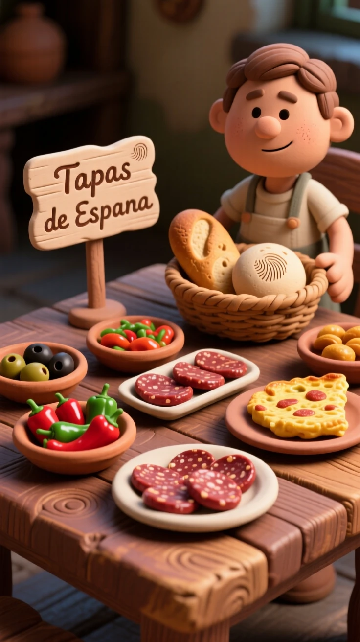 A colorful Spanish tapas spread arranged on a rustic wooden table