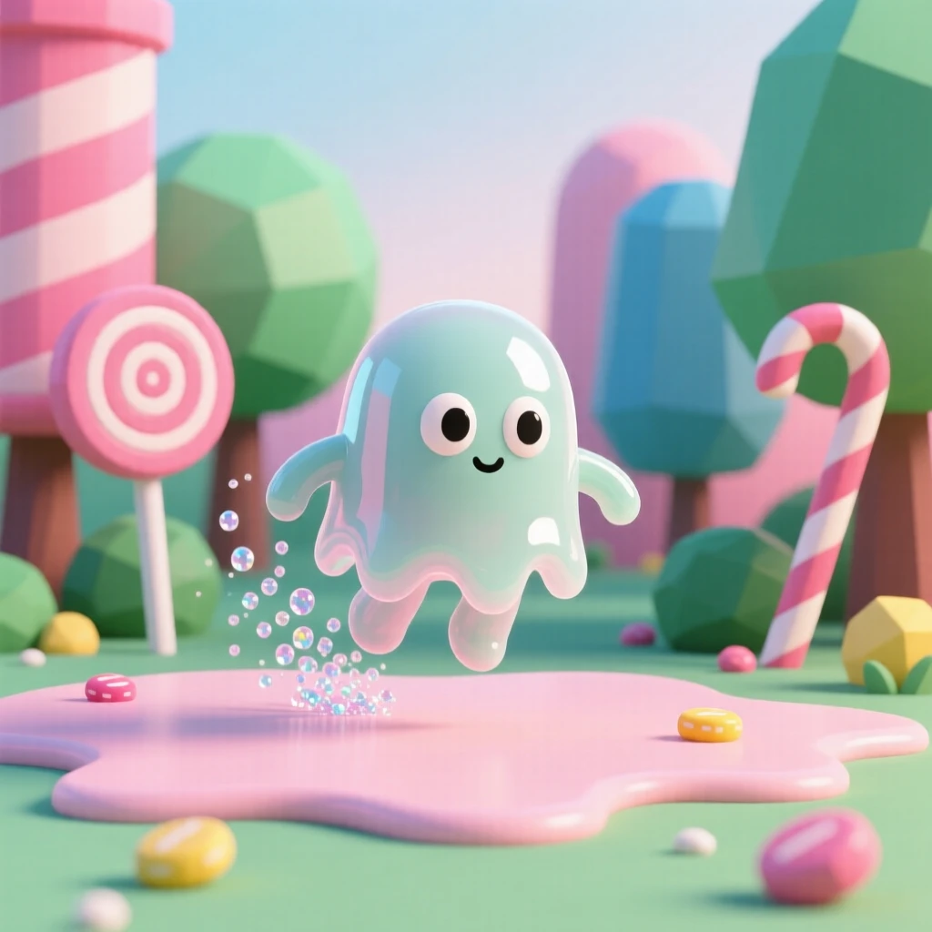 A curious slime creature bounces playfully through a colorful candy-themed forest, leaving a glittering trail behind.