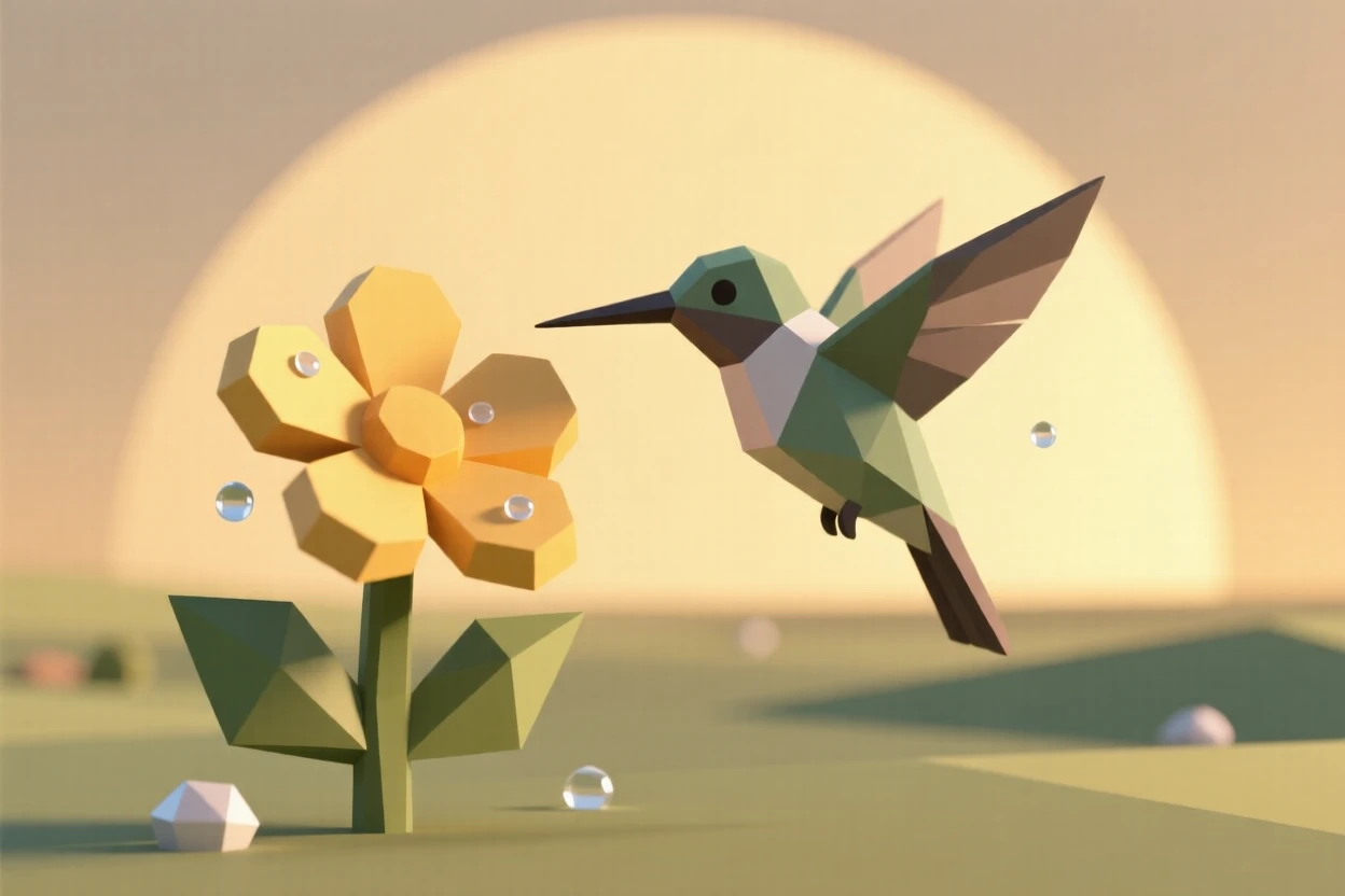 A hummingbird hovering beside a bright flower, beneath a soft golden sunrise. water droplets and fine textures catch the light. A feeling of serenity washes over the moment.