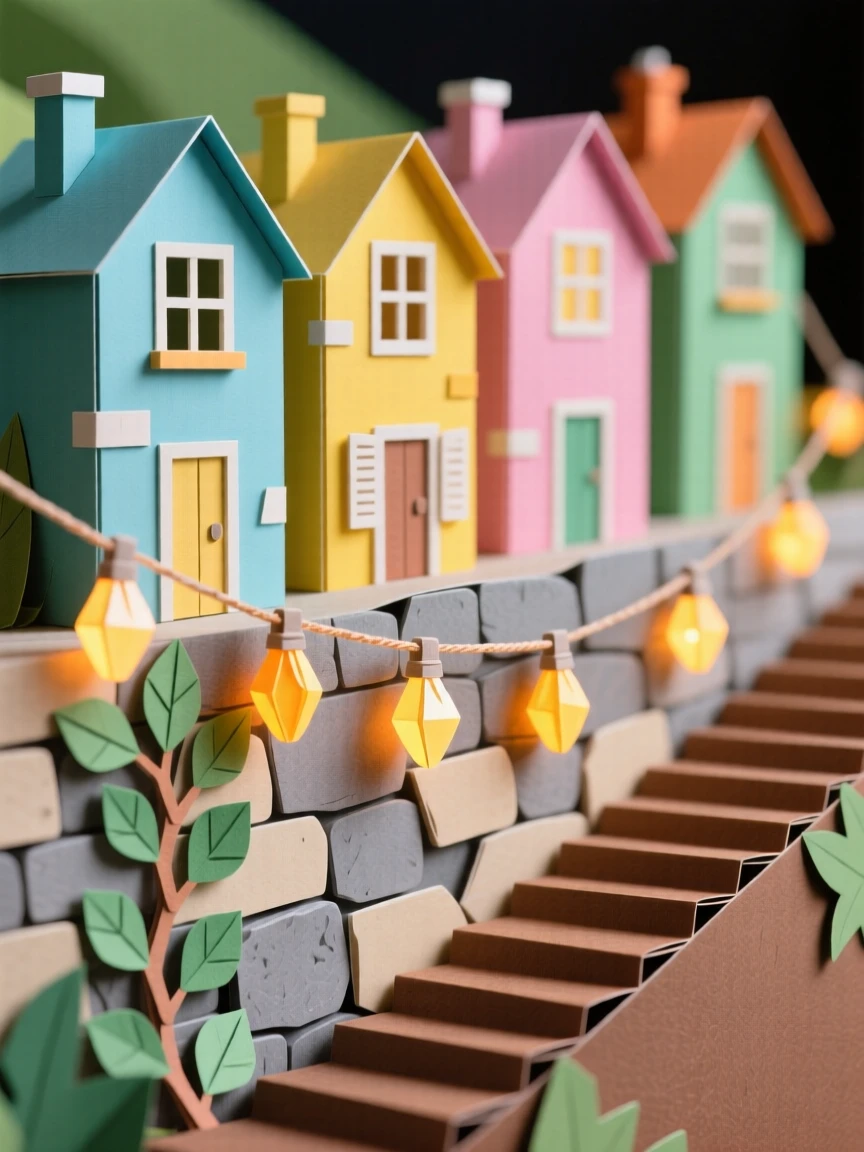 A colorful row of hillside townhouses illuminated by strings of warm lights, with ivy climbing along weathered stone walls, capturing a sense of awe and craftsmanship.