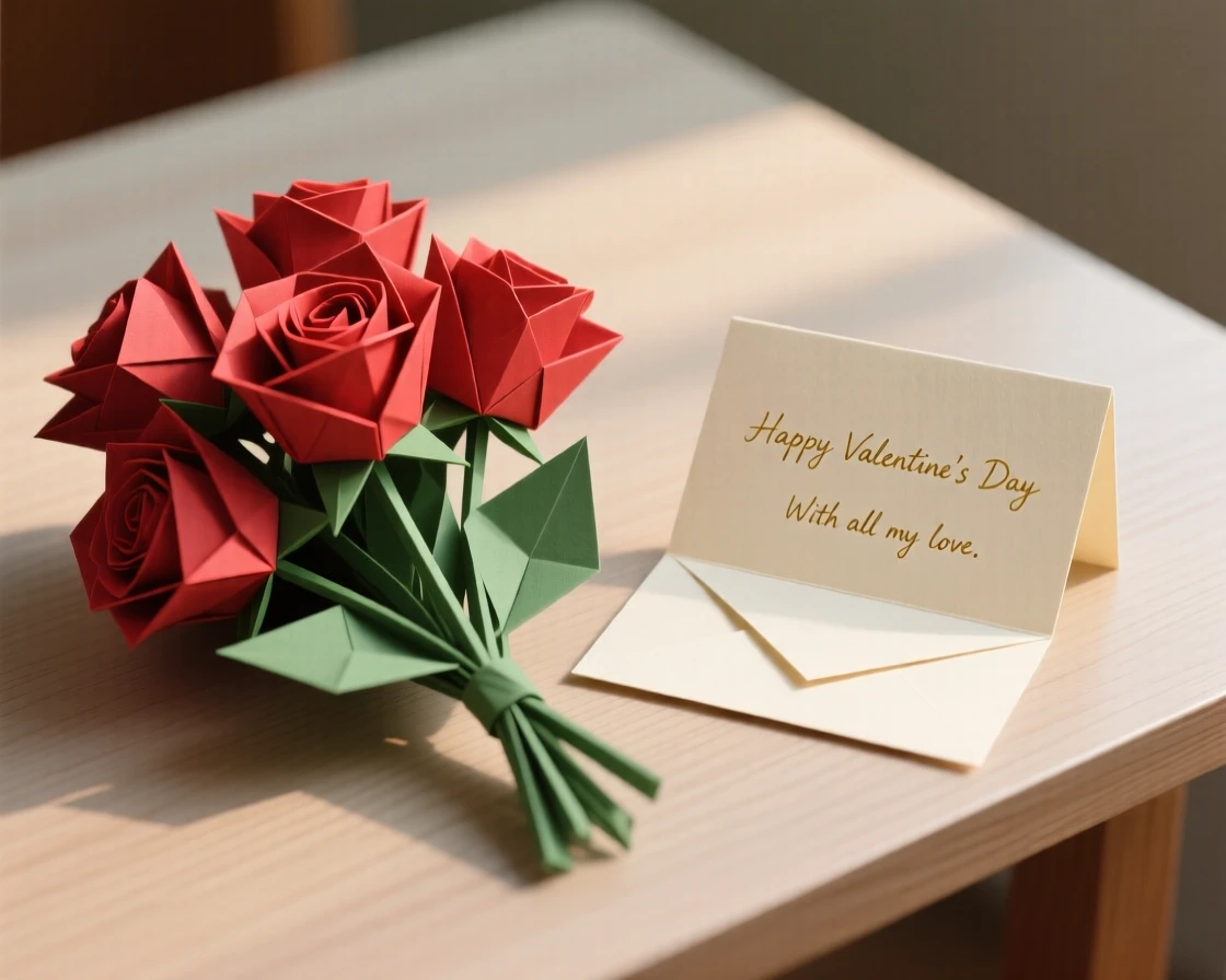 A Valentine's Day scene with a bouquet of roses and a handwritten card on a table.