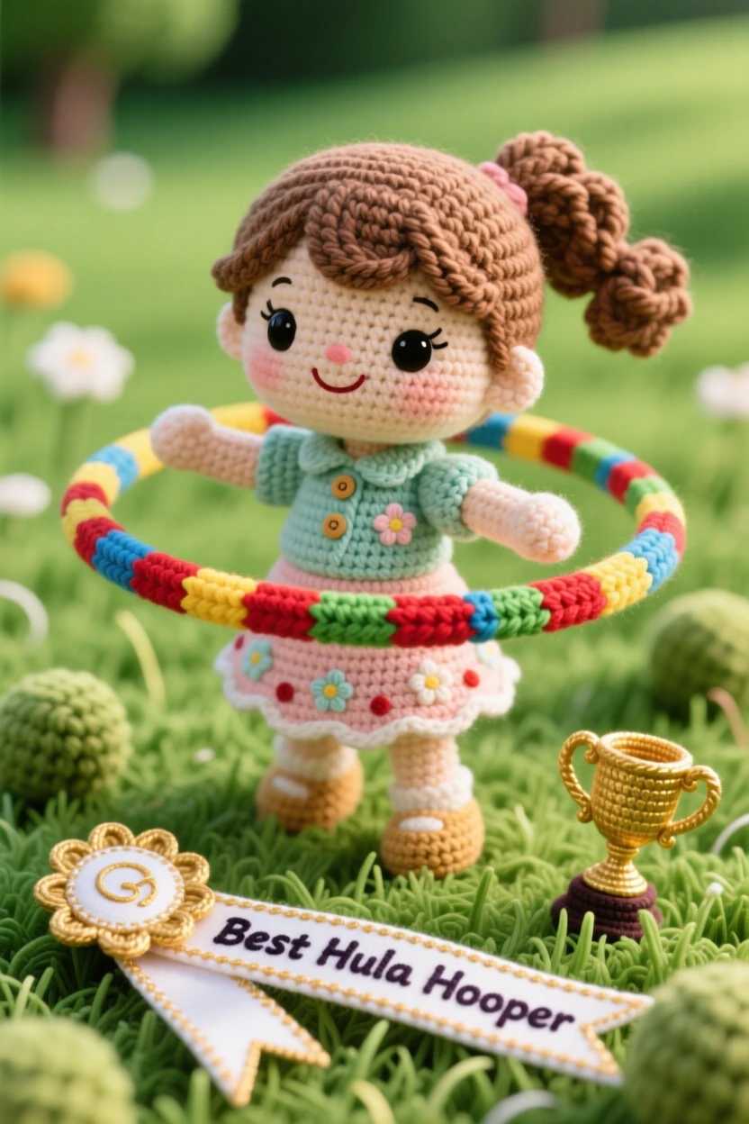 A cheerful scene of a little girl practicing hula hoop with a bright colorful hoop, spinning it gracefully around her waist within a grassy field perfect for outdoor play; a small trophy or ribbon nearby nearby, full of cheerful curiosity and hands-on delight.