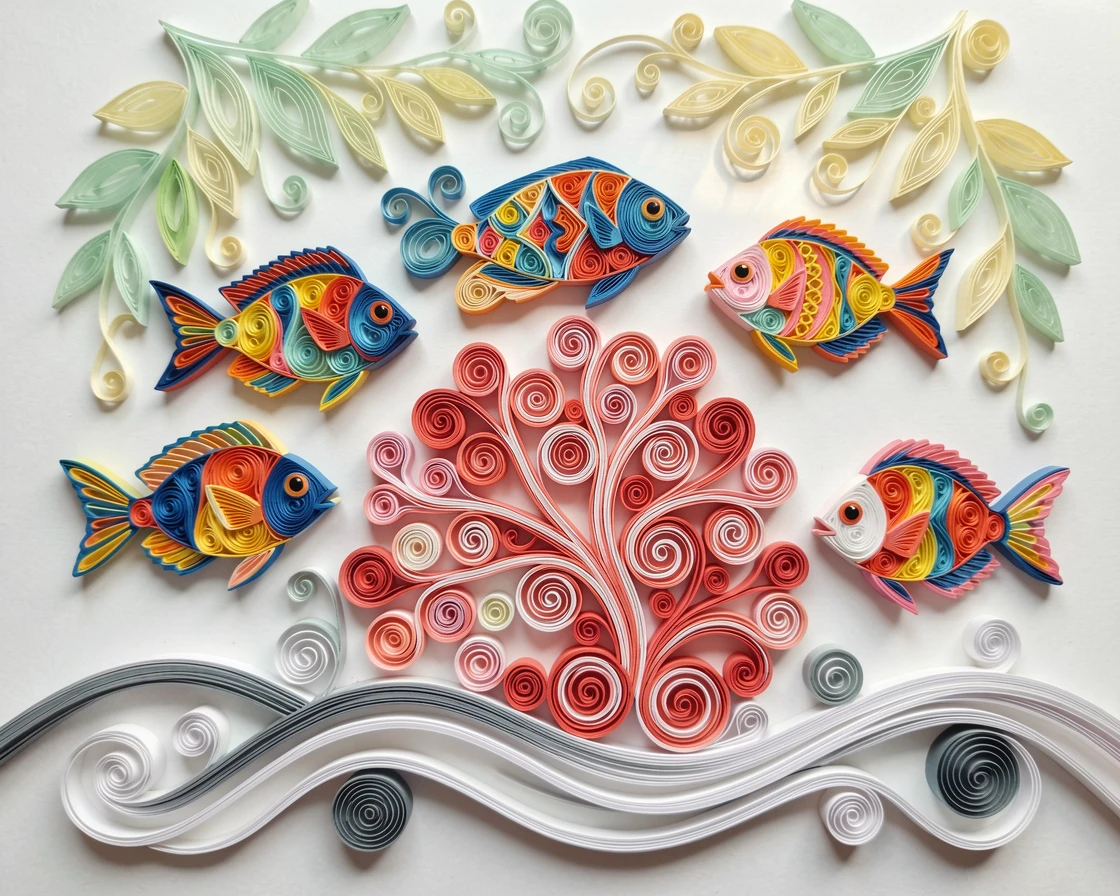 a school of tropical fish swirling around coral, amid dappled light filtering through a leafy canopy, composed with the animal as a striking central focal point, with mist rolling low across the ground.