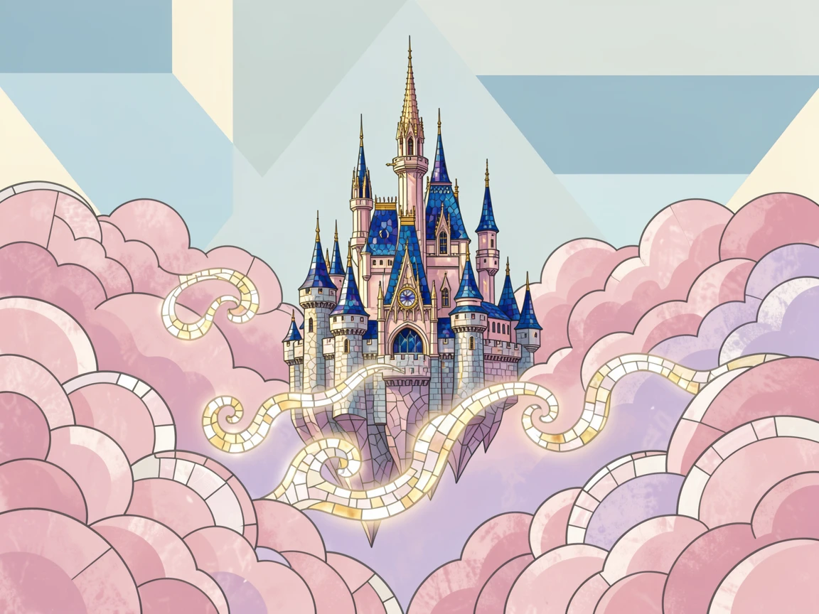An epic fantasy scene of a floating castle drifting among soft pink clouds, with swirling mist and glowing highlights.