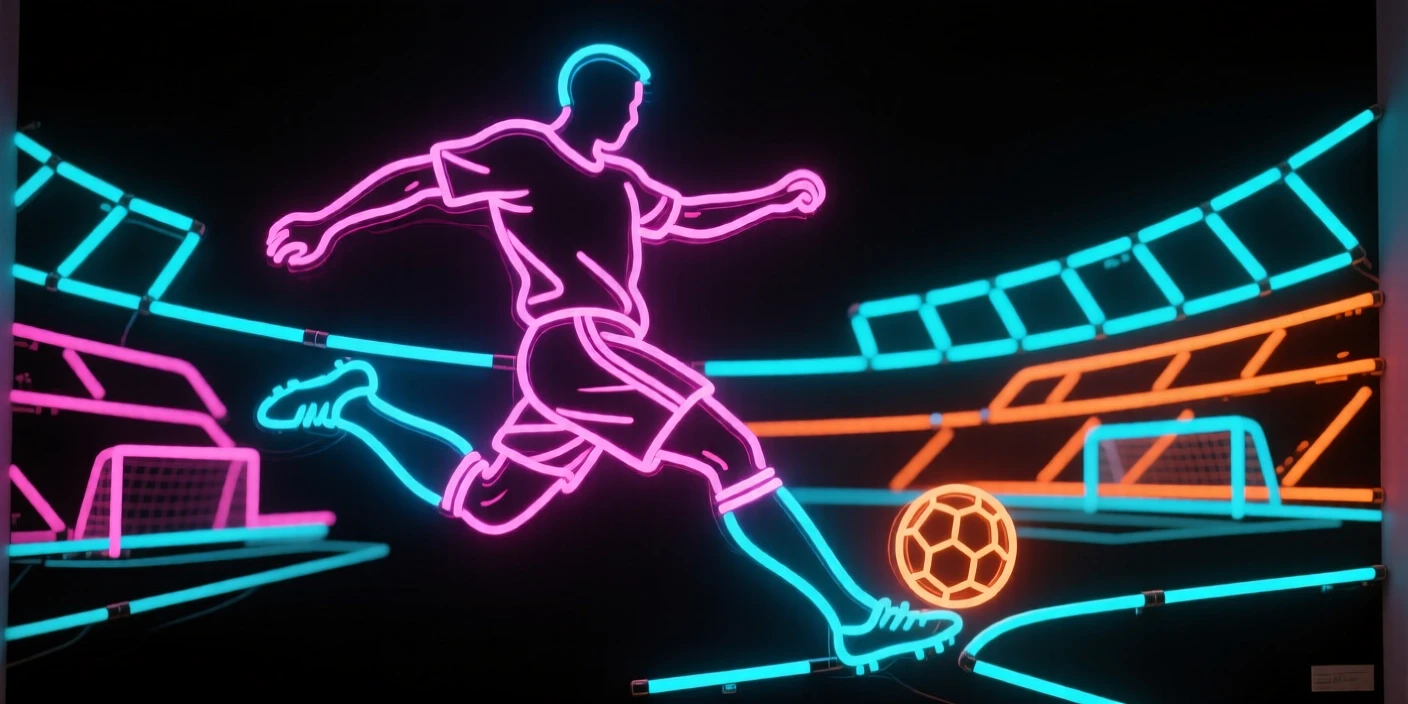 A soccer player mid-kick during a stadium match.