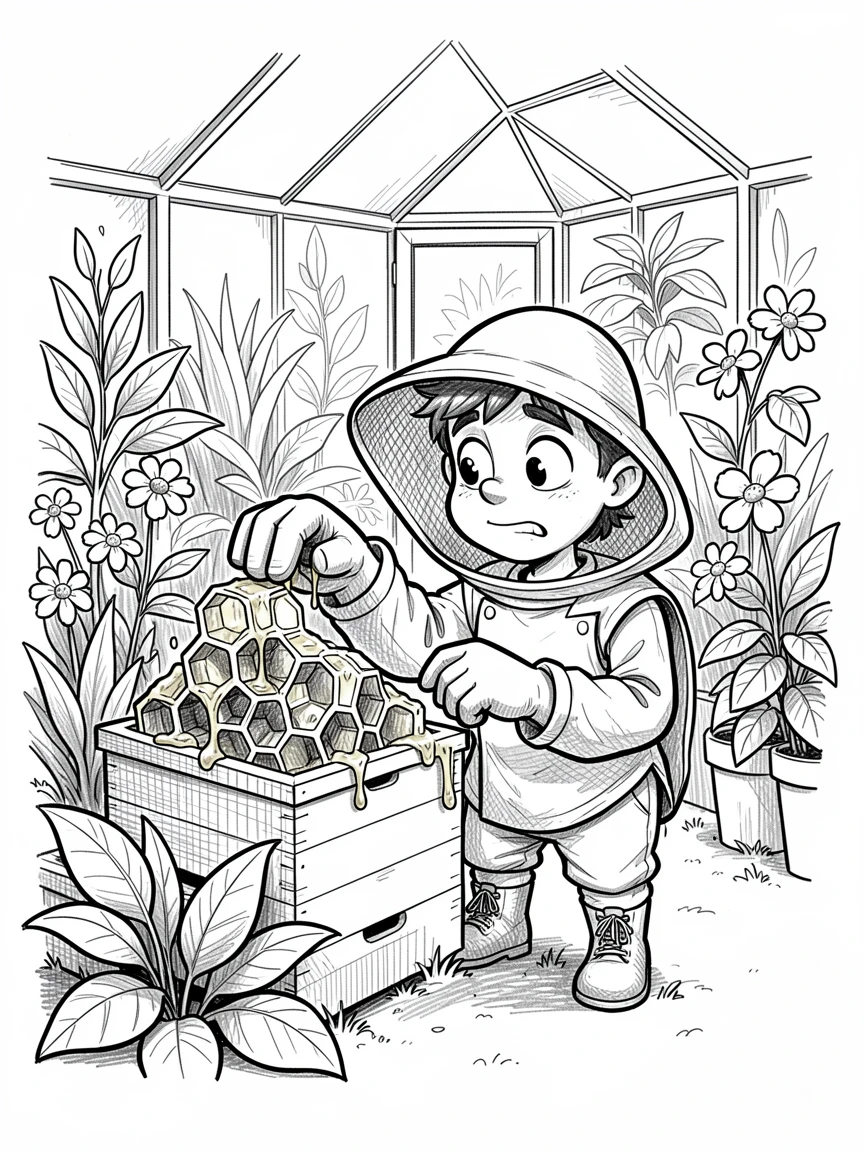 A beekeeper checking a hive full of honeycomb in a greenhouse full of plants.