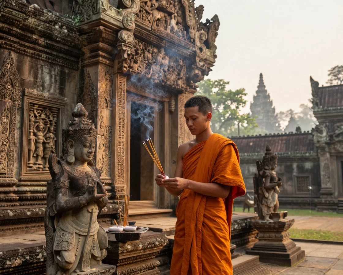 A Cambodian temple monk lighting incense at dawn