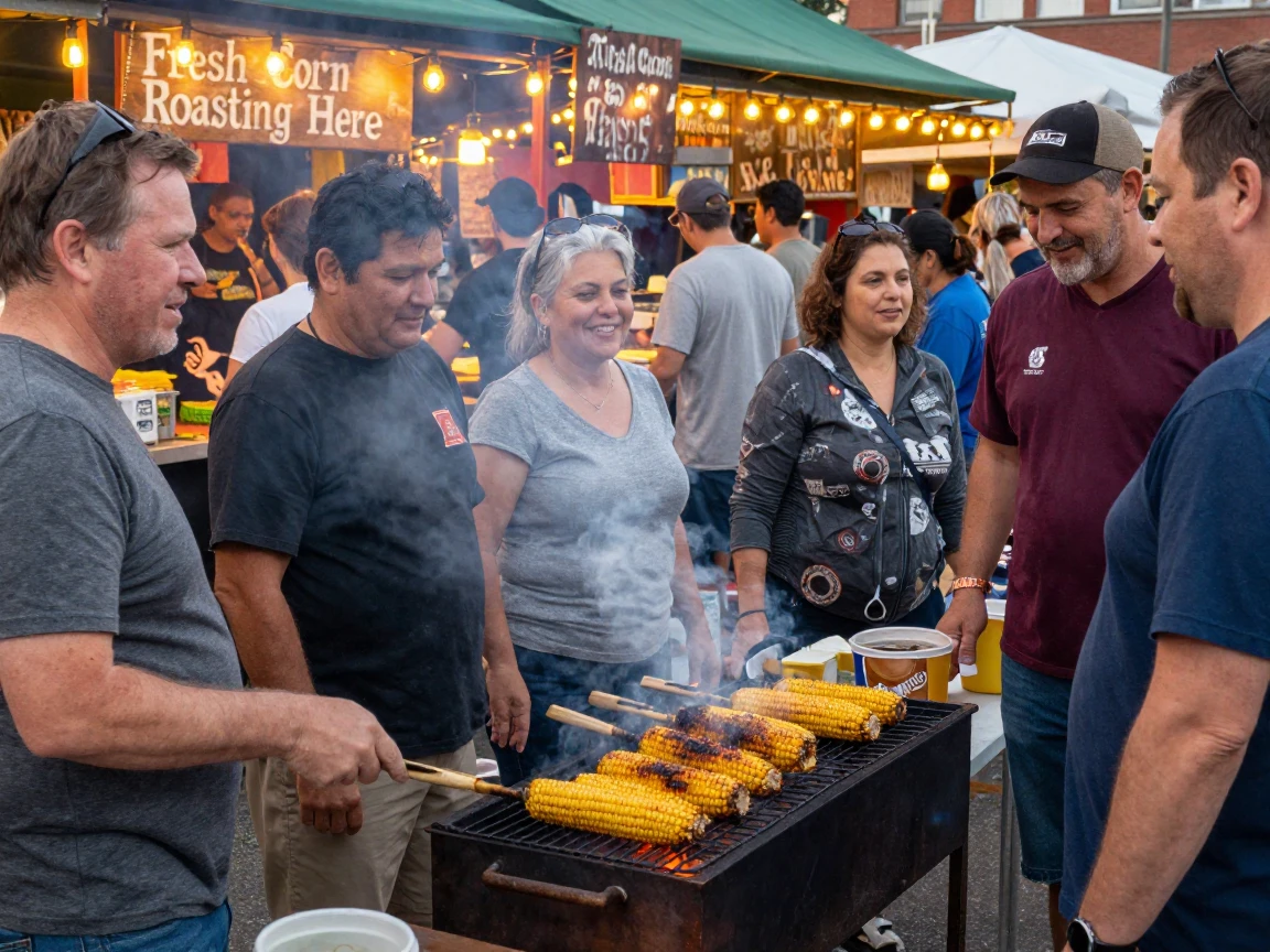 A group roasts corn over open coals at a lively street food market.