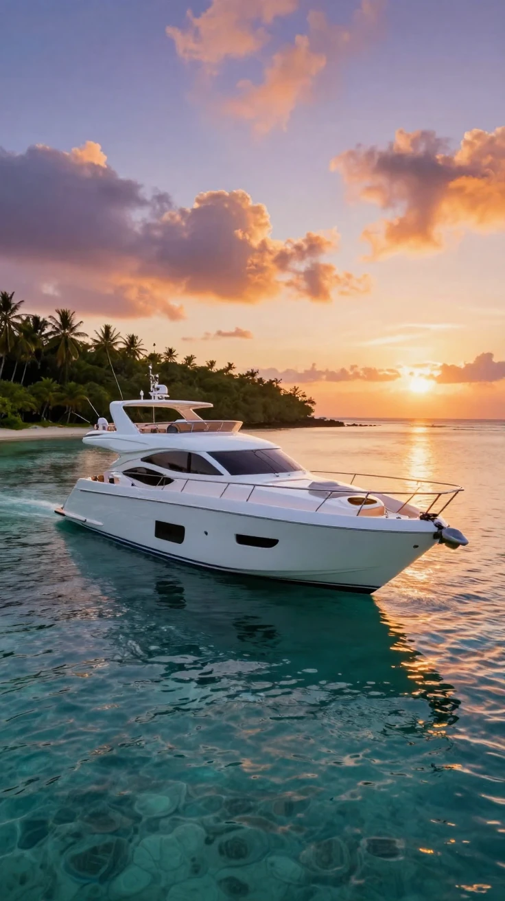 A private yacht anchored in a crystal-clear turquoise bay at sunset