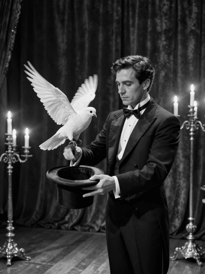 A magician pulls a dove from an empty hat on a candlelit theater stage.
