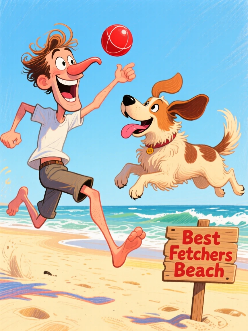 A man playing fetch at the beach with his dog, both mid-leap for the ball.