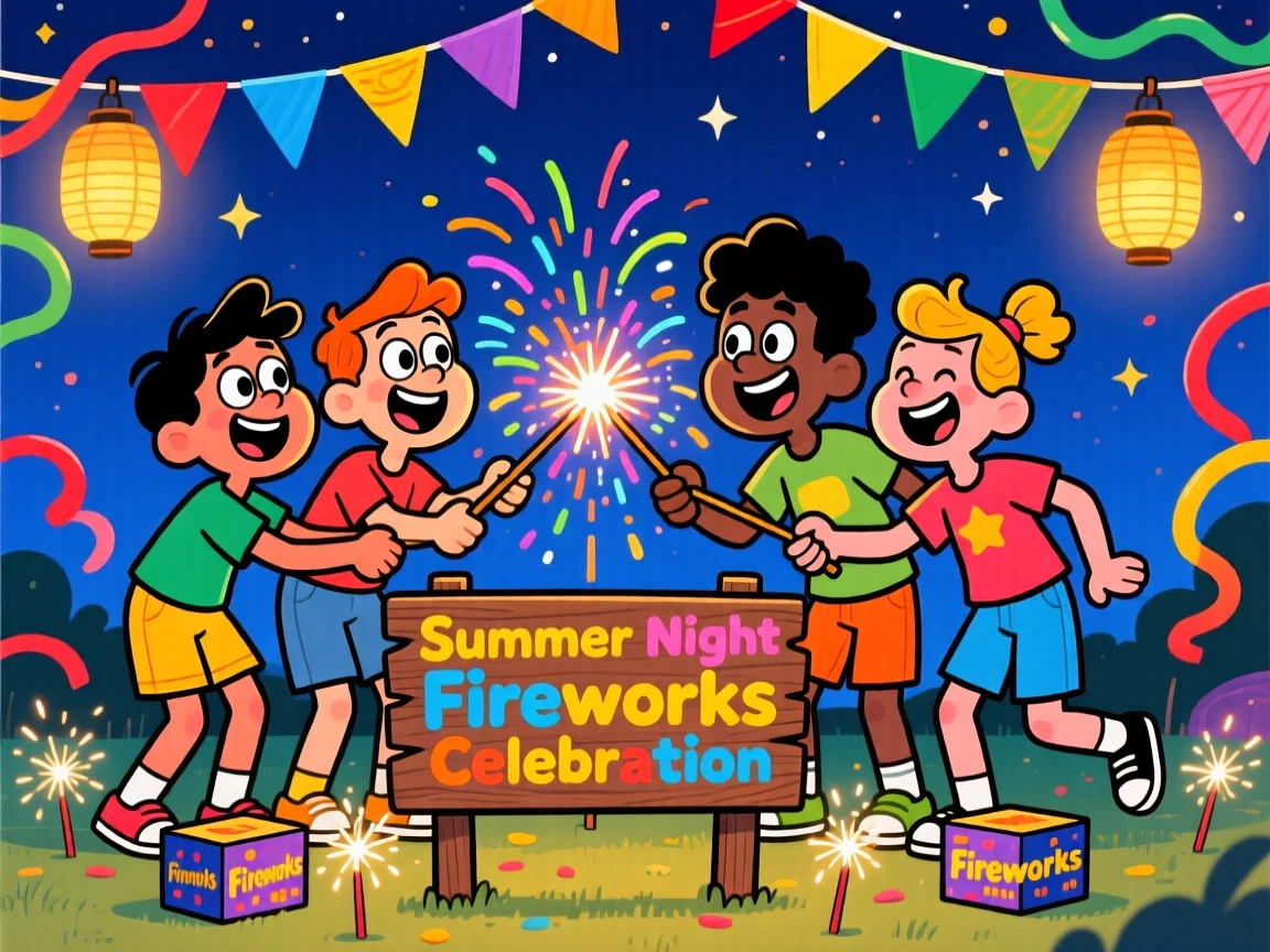 A festive celebration scene of a group of friends lighting fireworks together on a warm summer night, surrounded by colorful decorations and streamers.