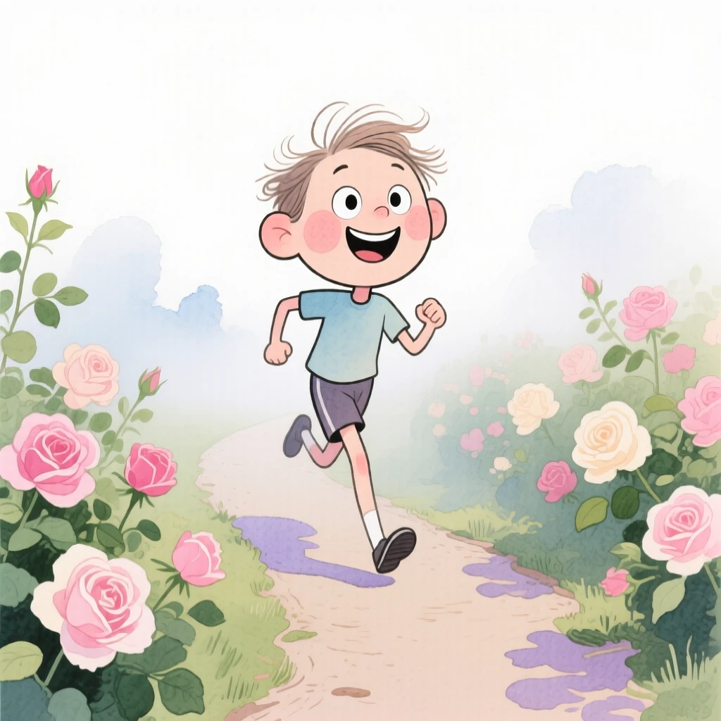 A runner on a misty trail surrounded by blooming rose bushes
