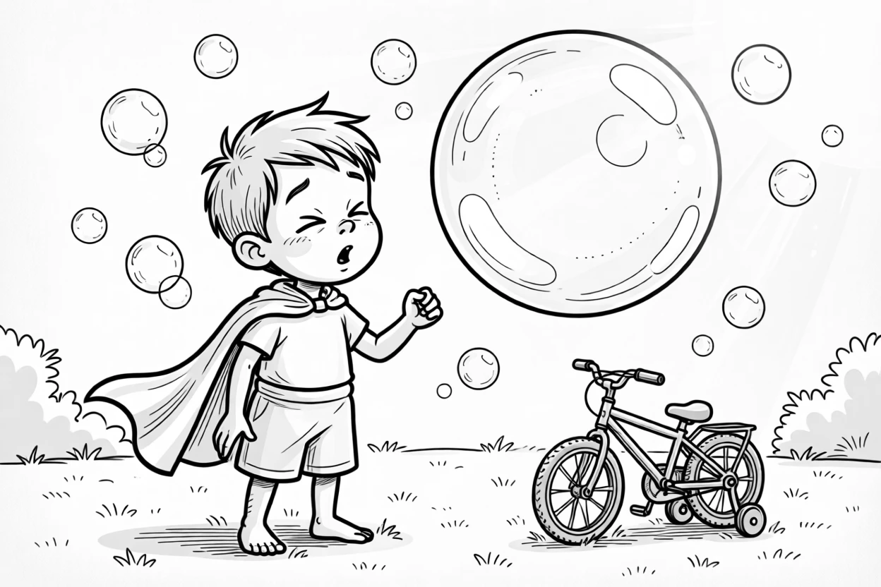 A kid dressed as a superhero with a towel cape, watching cross-eyed as the bubble grows enormous, set in a backyard glowing with soap bubbles. A tiny bicycle with training wheels waits nearby. It feels like a cherished memory frozen in time.