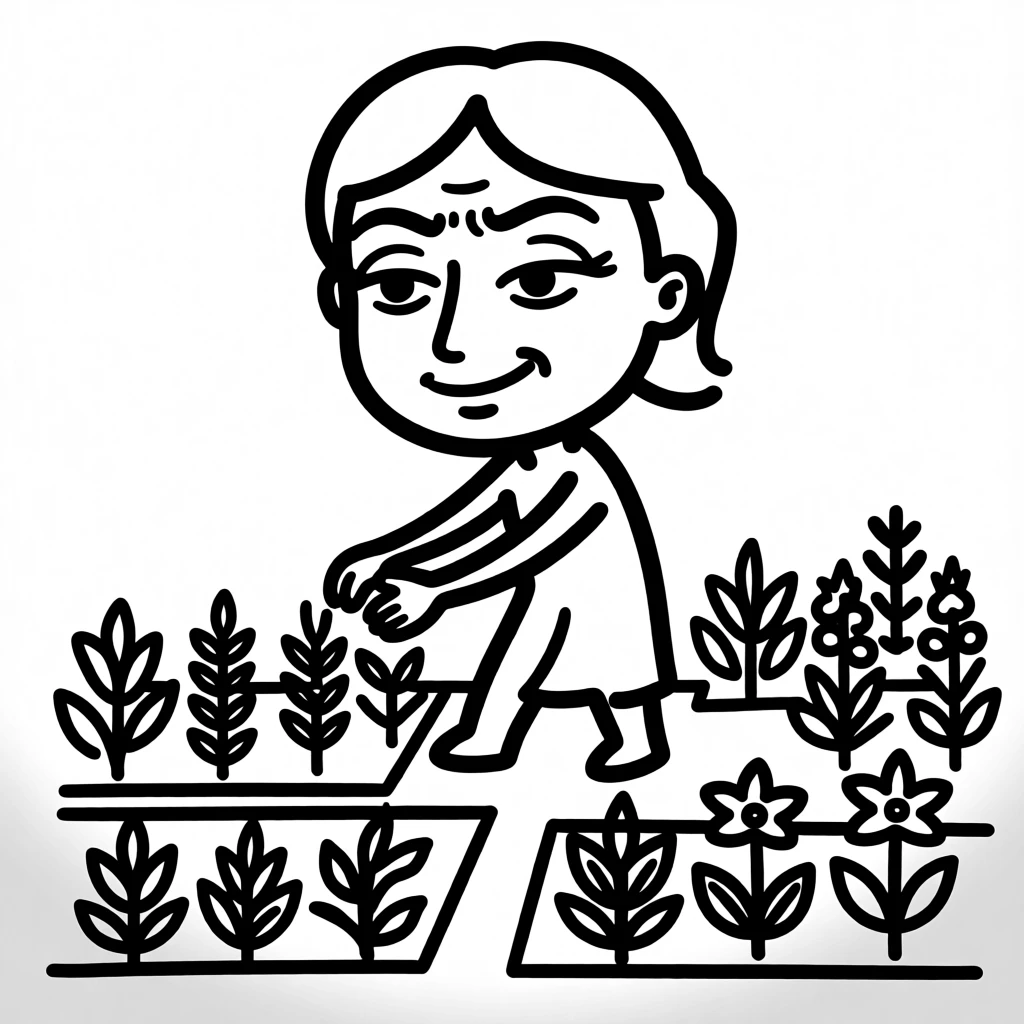 A Virgo archetype: a serene figure tending a meticulously organized garden of herbs and flowers.