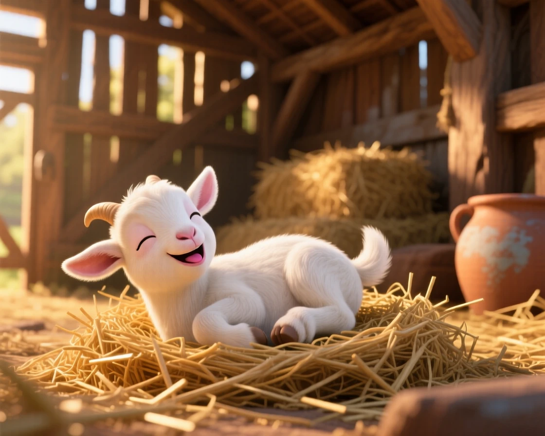 A baby goat is curled up in a nest of straw, rolling gently onto its back. Playful joy radiates from the small creature, with its whiskers twitching gently.