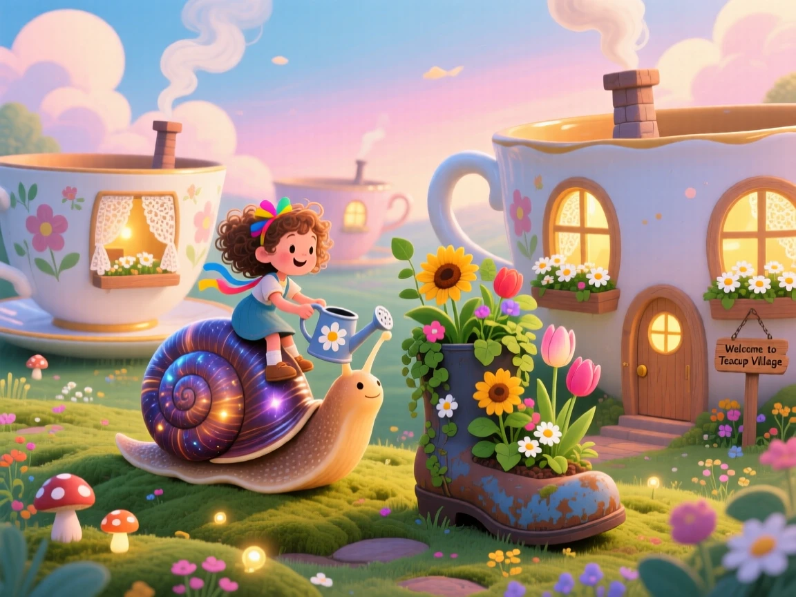 In a world where teacups are houses, a girl riding a giant snail spends the day growing a garden inside an old boot, while a warm glow radiates from every window.