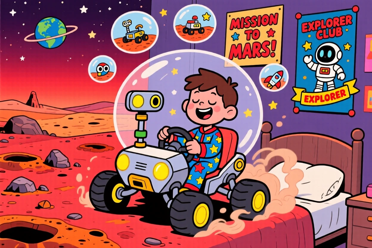 A boy dreaming of driving a rover across a red Martian landscape.