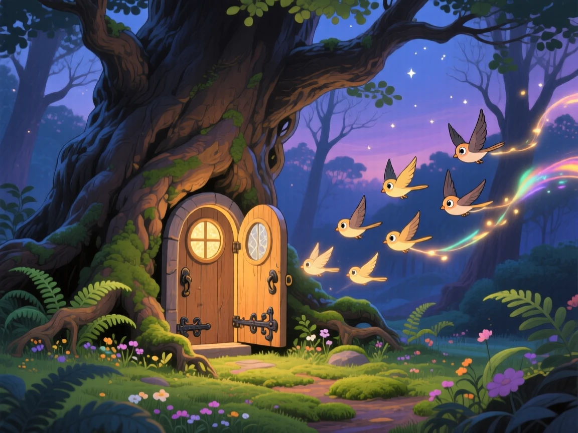 A tiny door hidden at the base of an ancient oak, where a flock of luminous birds trailing light behind them can be seen nearby, the atmosphere quietly enchanting.