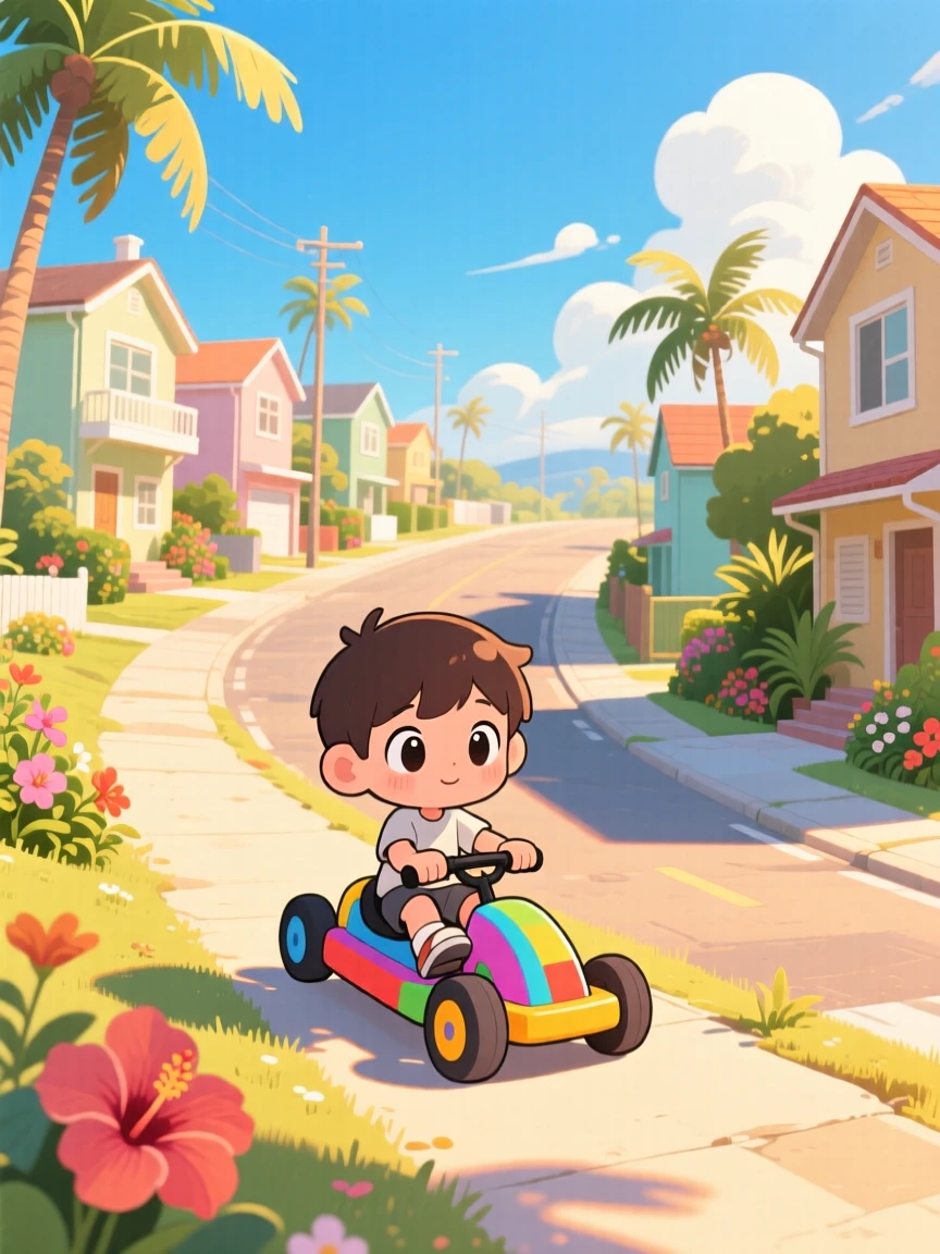 In a sunny suburban street, a small boy is pedaling a tiny go-kart down a hill on a warm tropical afternoon, bathed in soft golden-hour sunlight, expression full of quiet contentment. Shot as a wide establishing shot.