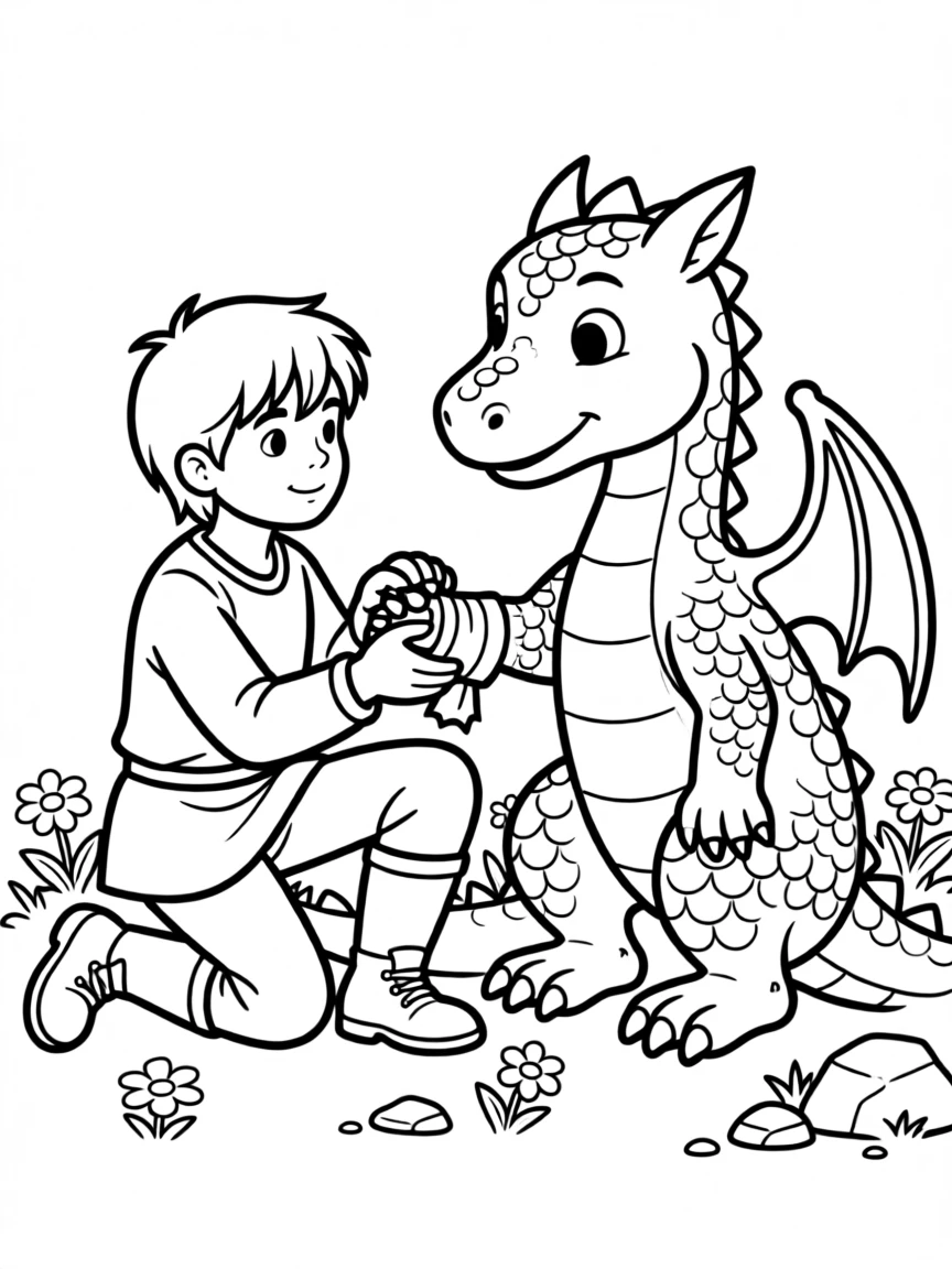 A brave knight helping a dragon that has a hurt paw