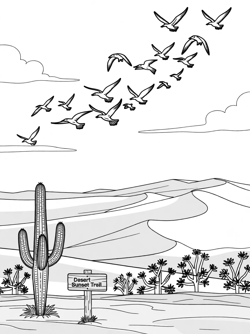 A desert landscape with towering sand dunes at sunset, with birds circling high above the treetops.