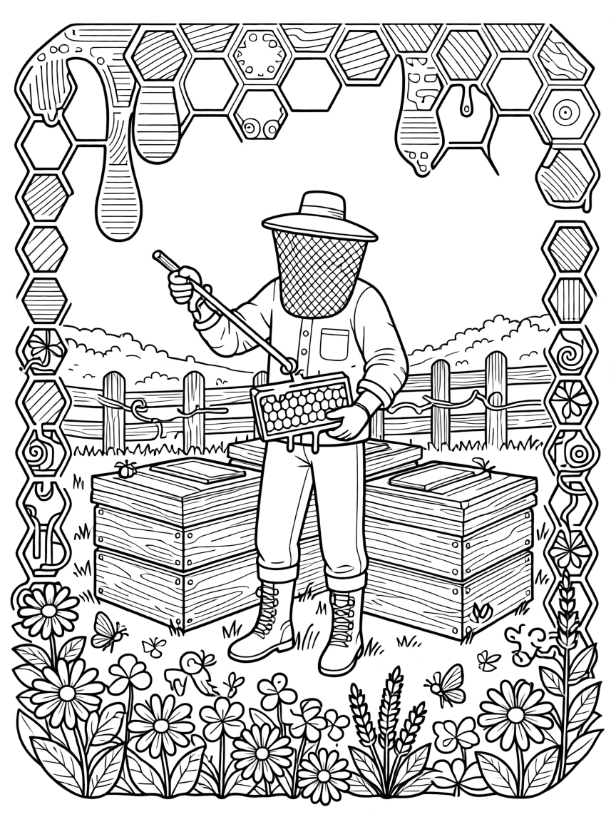 A rustic honey harvest scene with a dripping honeycomb frame.