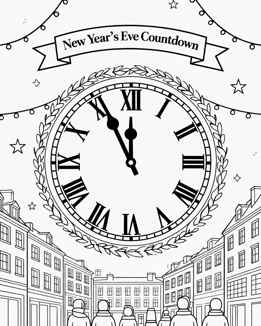 A New Year's countdown clock in a decorated city square