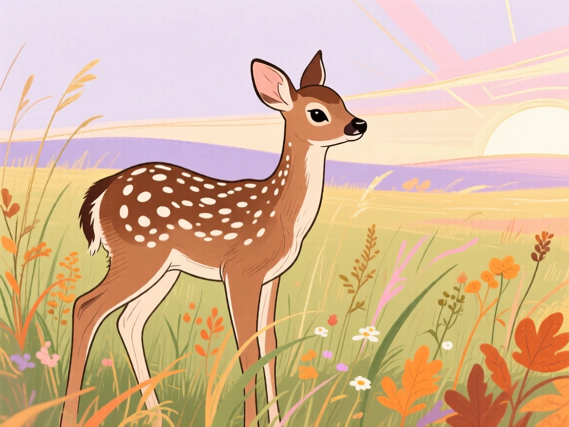 A spotted fawn watching the horizon in a sunlit meadow on a crisp autumn day.