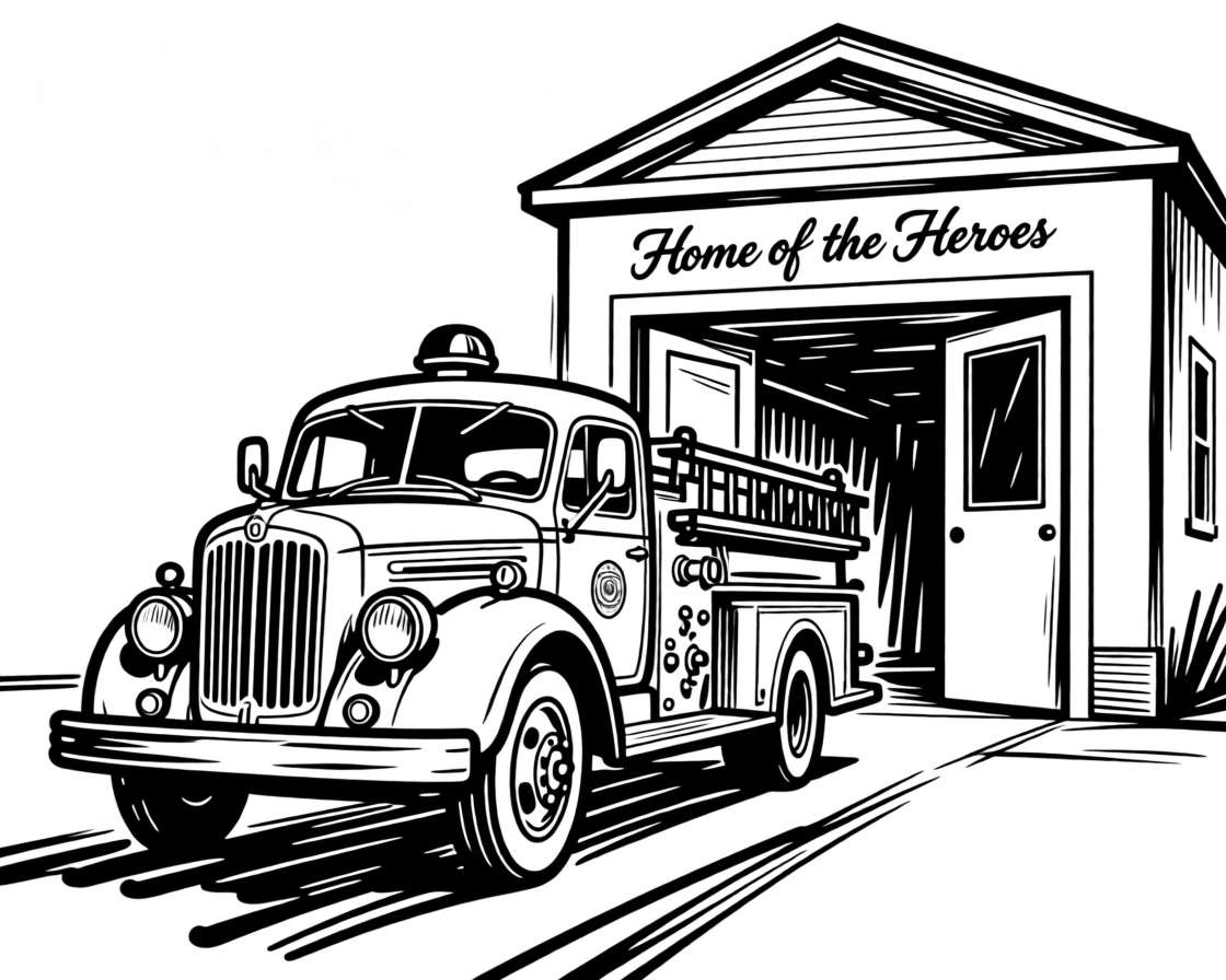 A vintage fire truck parked in front of a small-town firehouse.