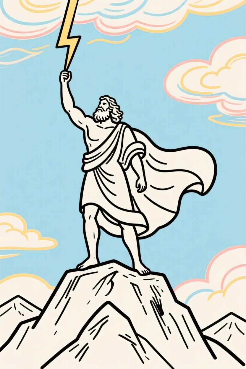 Zeus standing atop Mount Olympus, lightning bolt raised toward the clouds.