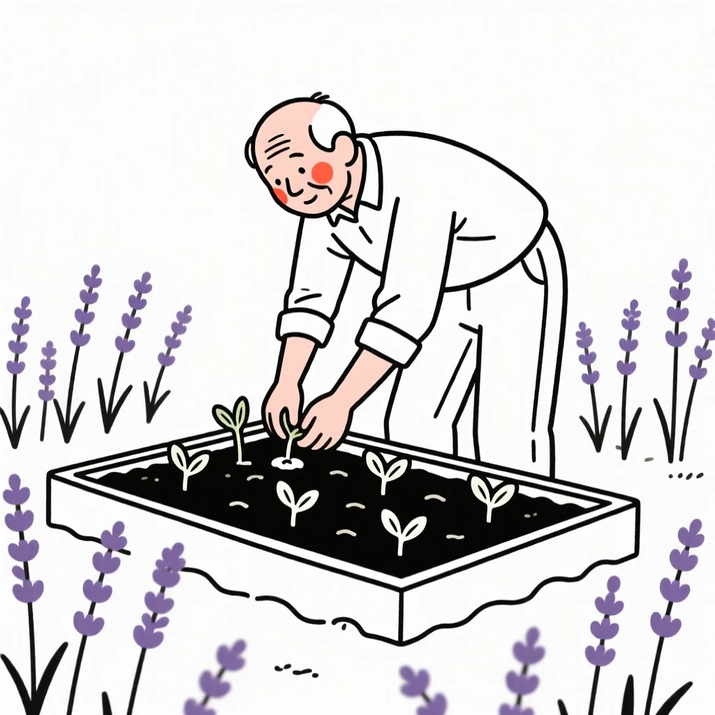 An elderly man planting seedlings in a garden bed, in a lavender field.