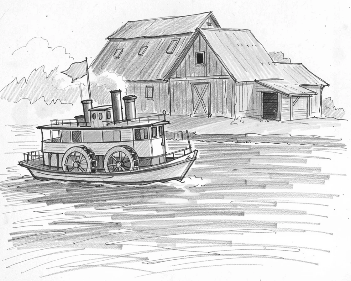An eye-catching view of a paddle steamer on a wide river in front of a rustic old barn, with warm evening light glowing across its surface.