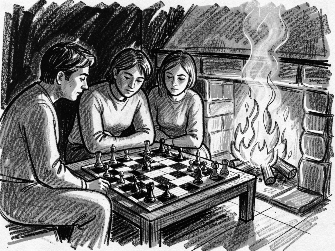 A chess board mid-game beside a crackling fire, with everyone gathered close together.