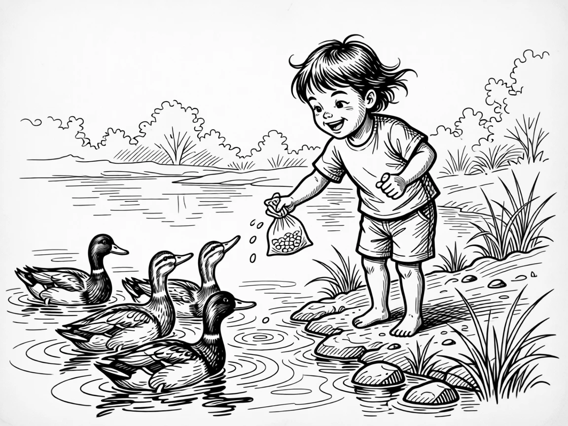 A child feeding ducks at a local pond with a bag of breadcrumbs.