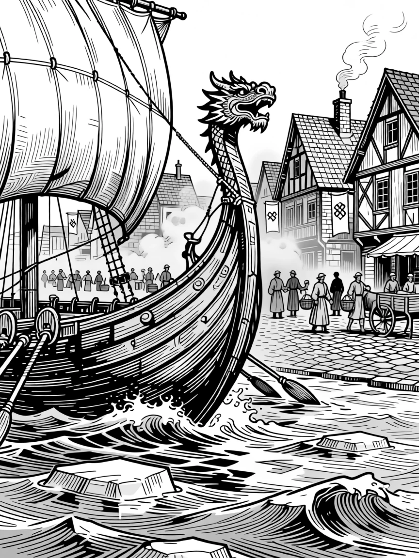 A viking longship cutting through icy waters amid the quiet hum of a bustling old city, with dust rising softly from the ground, portrayed in a warmly communal historical scene.