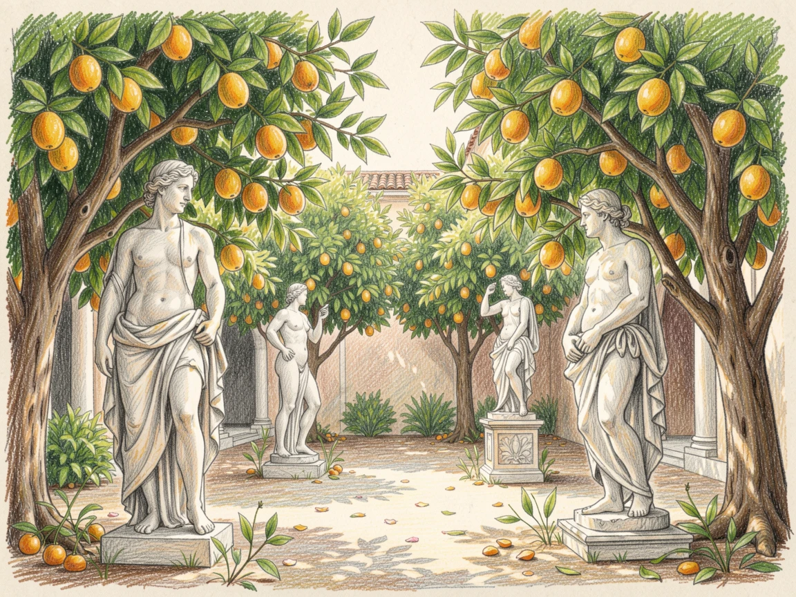 A Renaissance courtyard garden with marble statues and citrus trees, with delicate details that reward a closer look, perfect for anyone drawn to gentle, heartfelt imagery.