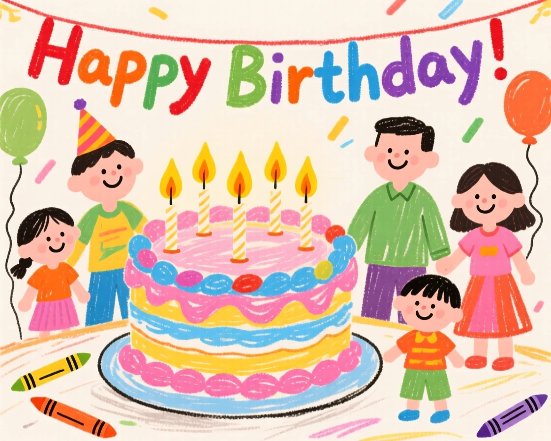 A birthday cake glowing with lit candles at a family celebration.