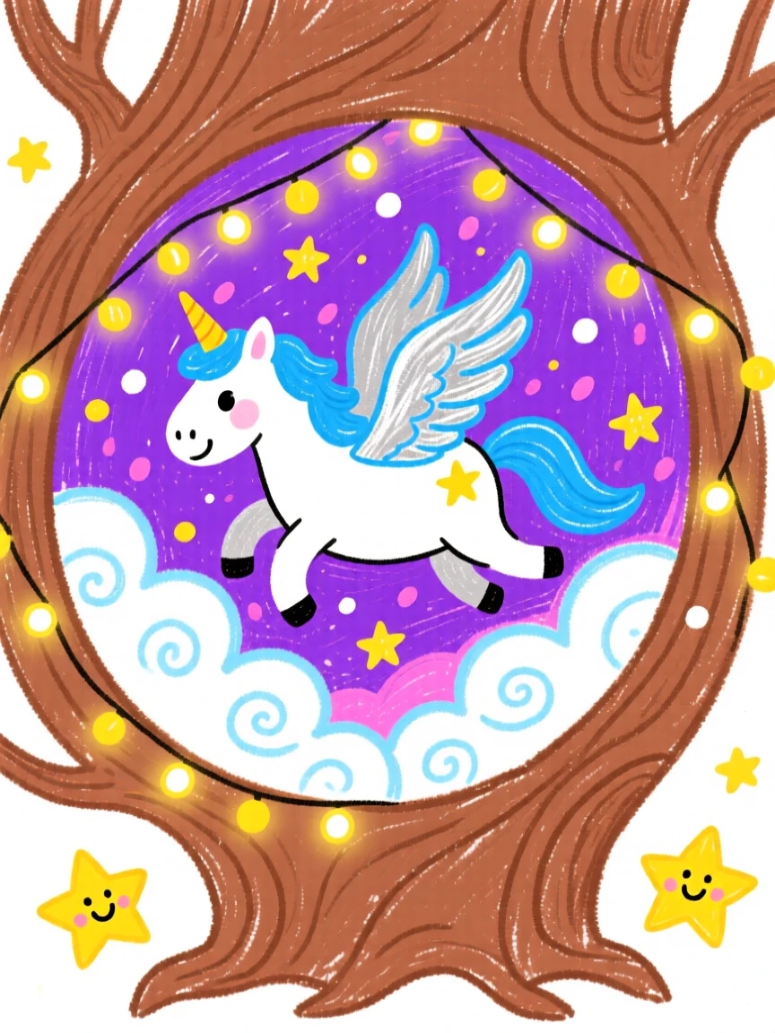 A starlight pegasus soaring through clouds inside a hollow tree filled with twinkling lights.