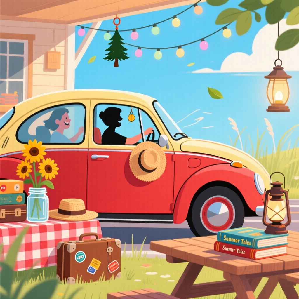 A cheerful summer road trip with the car windows rolled down, set within a cozy, seasonally decorated space, arranged with a nostalgic, seasonal storybook quality, with a fresh, crisp atmosphere throughout.