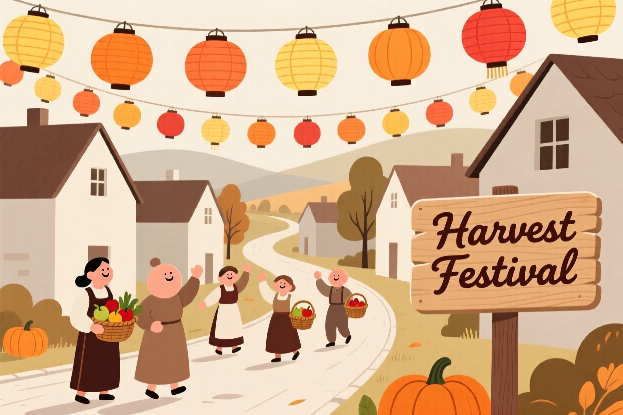A harvest celebration with paper lanterns filling a village street.