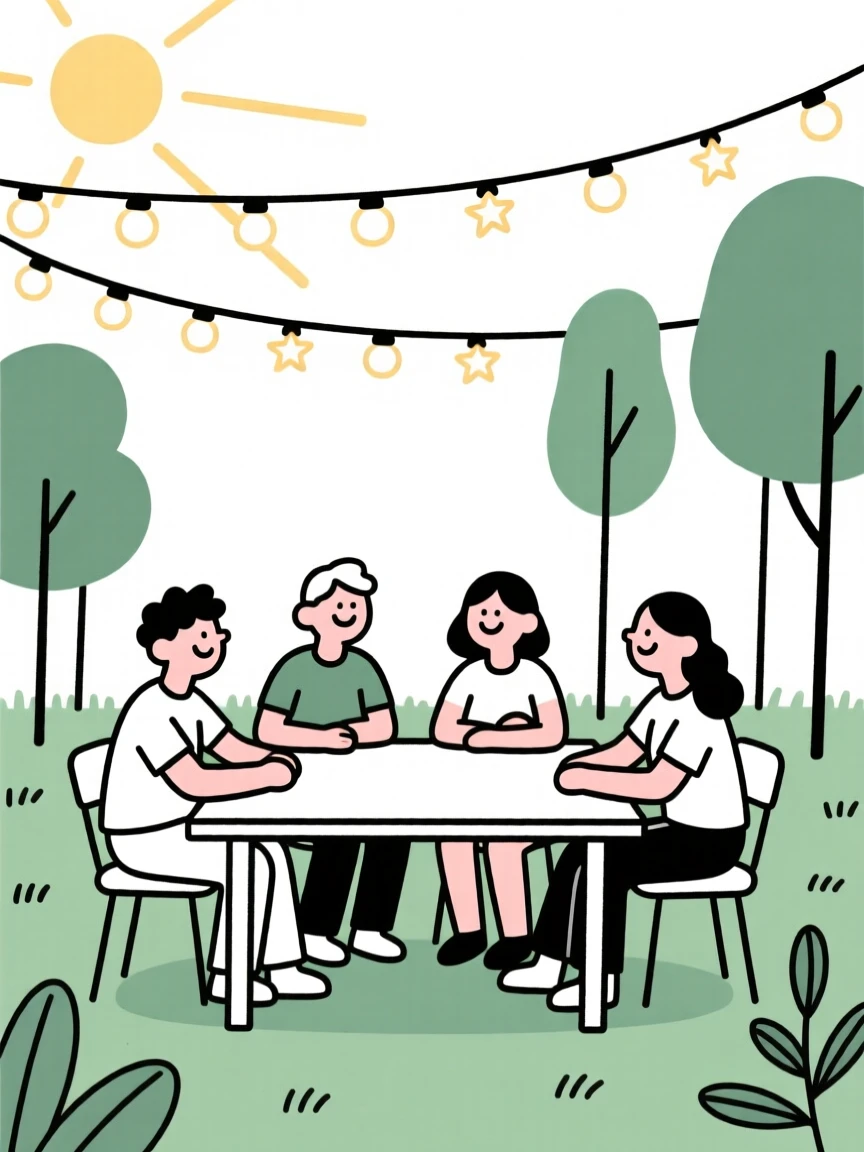Friends gathered for an anniversary dinner in a sunny garden, surrounded by strings of twinkling lights, radiating shared happiness.